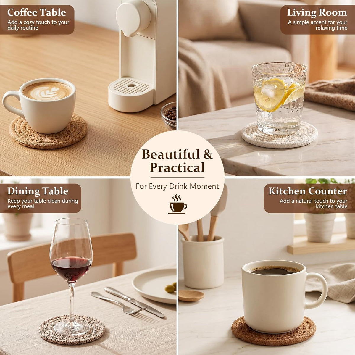OIAHOMY 8 Pcs Coasters with Holder for Beer, Coffee, Woven Cotton Coaster Set for Table Decor for Kitchen, Bar, Dining Room, Living Room, Housewarming Gifts - Yellow