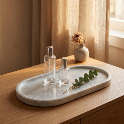 YKAJO Carrara White Gray Oval Marble Tray, 11.8x5.9 Perfume Organizer Dish