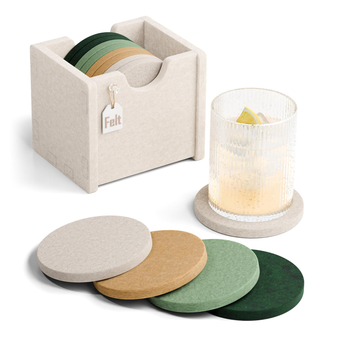 Fluxynara Felt Coasters with Holder, Set of 8 for Drinks, Sage - Arch