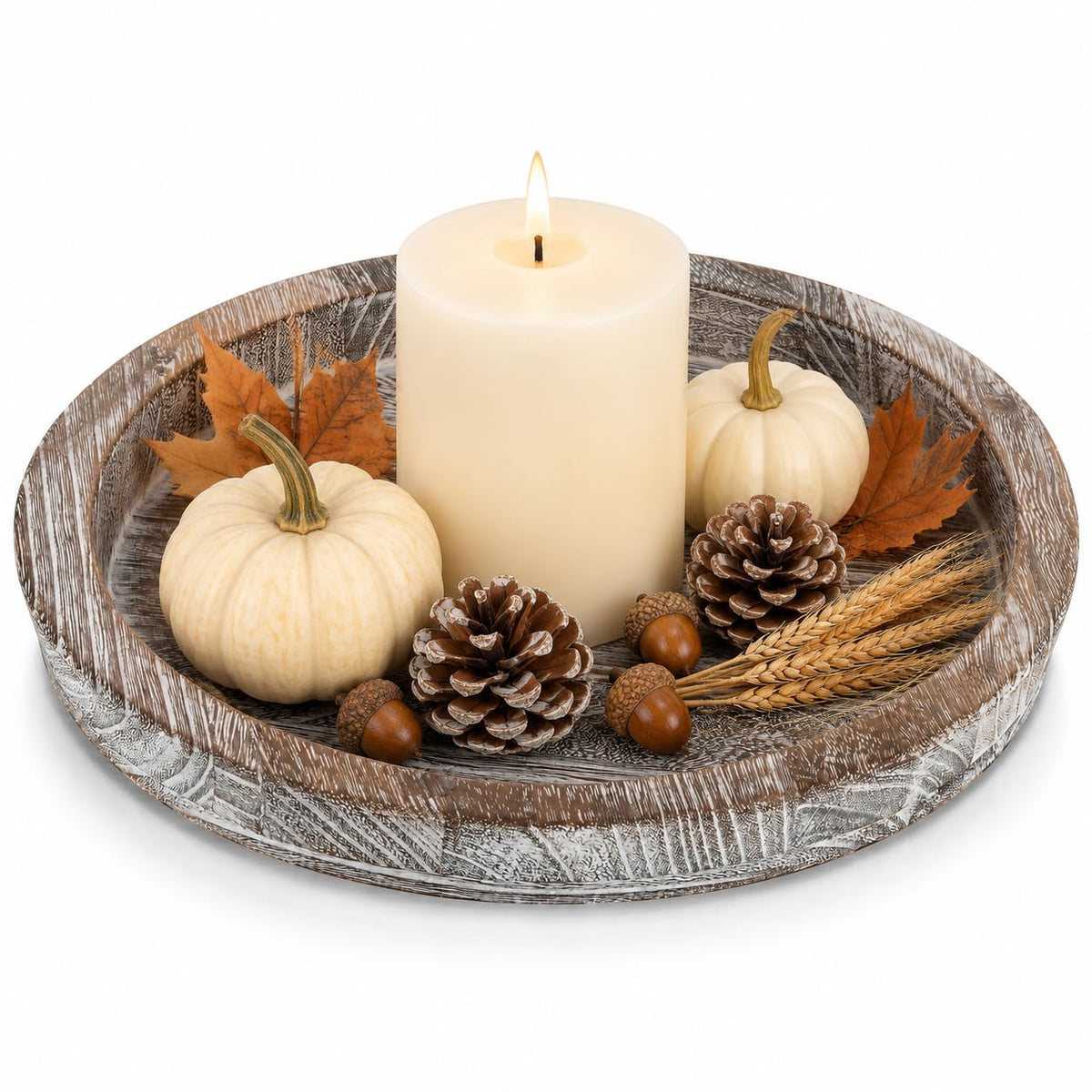 Hanobe Wooden Tray for Coffee Table, Decorative Round Candle Holder Plate