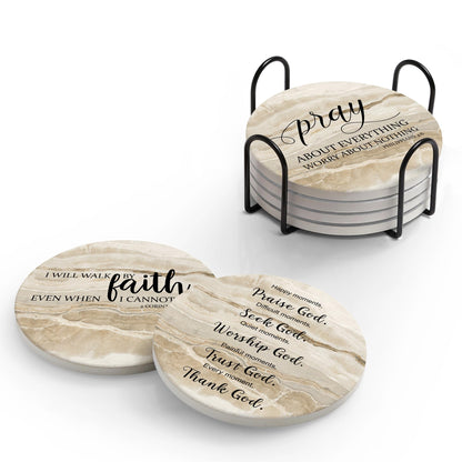 Coasters for Drinks with Bible Verses, Set of 6 Absorbent Drinks Coasters with Holder Ceramic Drink Coaster with Cork Backing for Table Protection, Christian Coasters, Christian Gifts