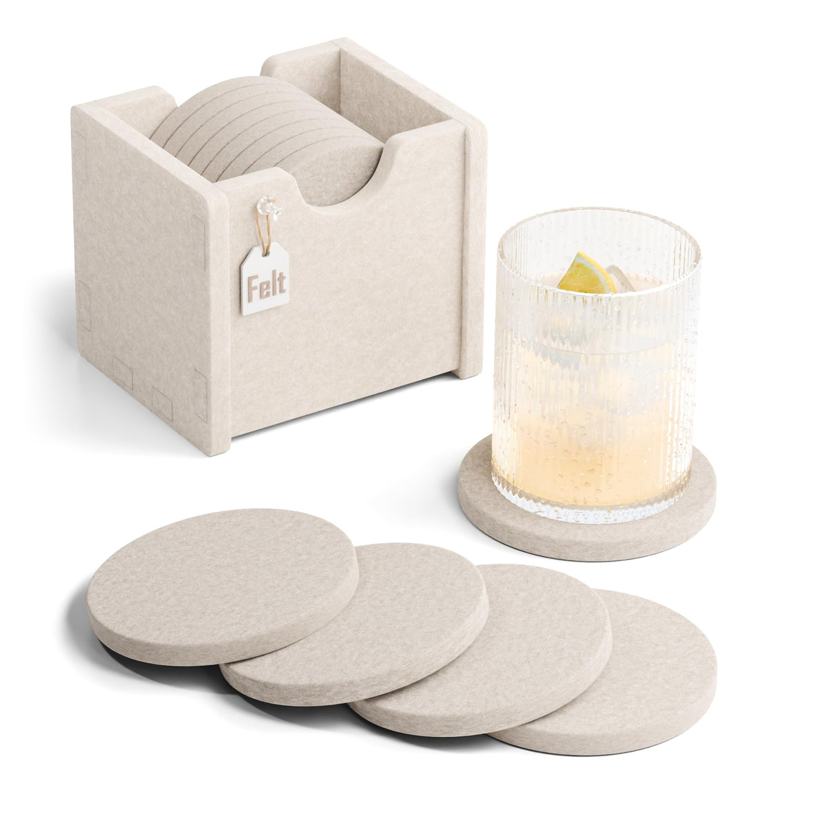 Fluxynara Felt Coasters with Holder, Set of 8 for Drinks, Sage - Arch