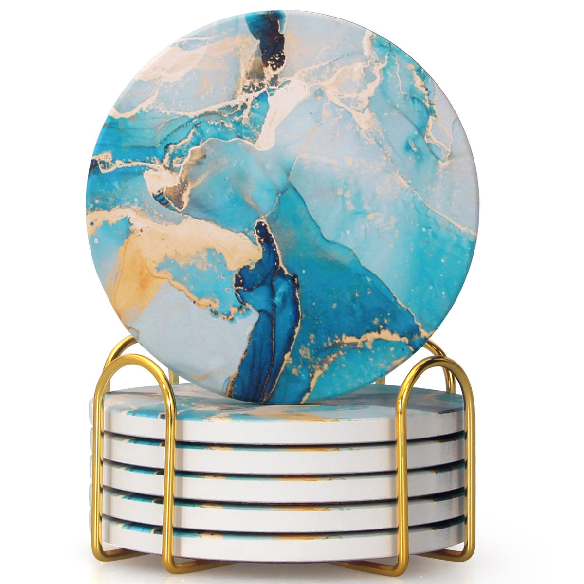 Coasters Set of 6, Navy Blue Marble Abstract Ceramic Coasters with Holder