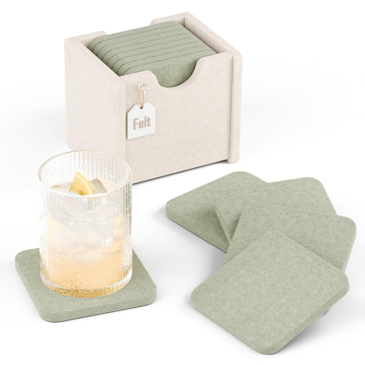 Fluxynara Felt Coasters with Holder, Set of 8 for Drinks, Sage - Arch