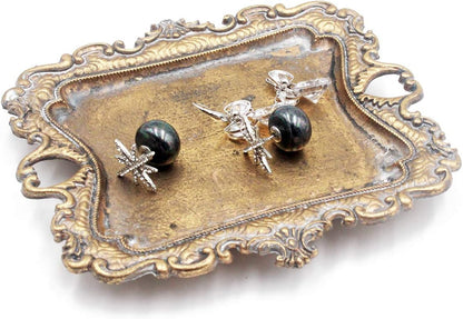 Funly mee Small Antique Trinket Dish Vintage Gold Metal Jewelry Tray, Ring Holder-5.3 x 3.5 x 1.2 inches