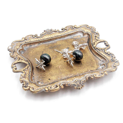 Funly mee Small Antique Trinket Dish Vintage Gold Metal Jewelry Tray, Ring Holder-5.3 x 3.5 x 1.2 inches