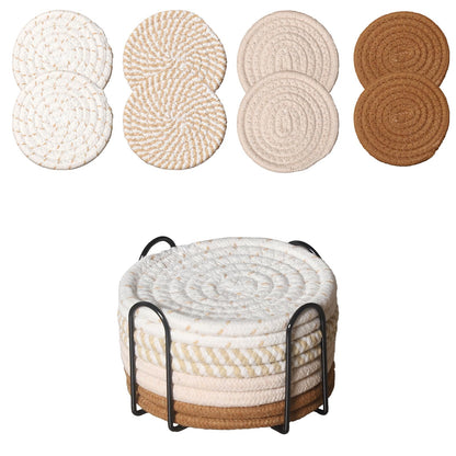 Drink Coasters Set of 8 with Holder, Cotton Woven,Pink