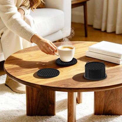 TWTLi Silicone Coasters Set of 8 with Holder, 4 Inch Non-Slip Waterproof Heat Resistant Drink Mats for Coffee Table, Desk, Kitchen, Bar, Outdoor Patio (Black, 6 PCS)