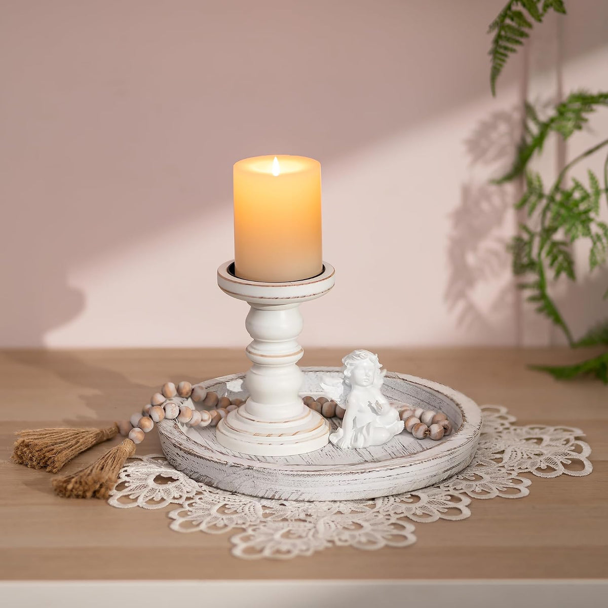 Romadedi Rustic Wooden Tray Candle Holder, Round, Distressed White