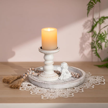 Romadedi Rustic Wooden Tray Candle Holder, Round, Distressed White