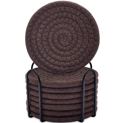 ABenkle 8 Pcs Drink Coasters with Holder, Cotton Woven Absorbent Coasters for Drinks, Minimalist Home Decor Coaster Set for Wooden Tabletop Protection Table, 4.3 inches Mixed Brown