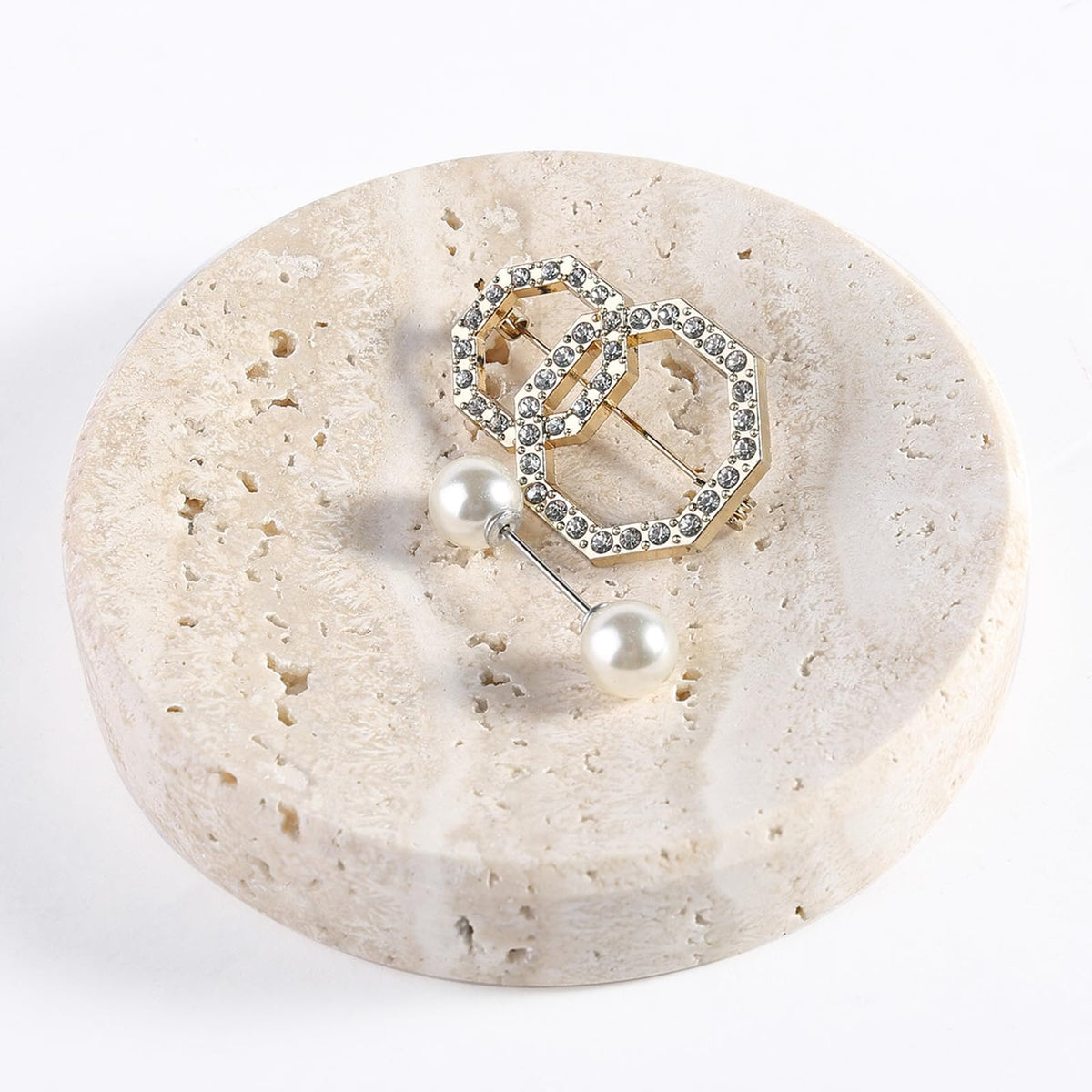 Koville 5.51" Travertine Tray, Natural Stone Trinket Dish for Ring Perfume, Round Scalloped Decorative Tray for Bathroom Vanity Dresser Countertop, Home Table Decor