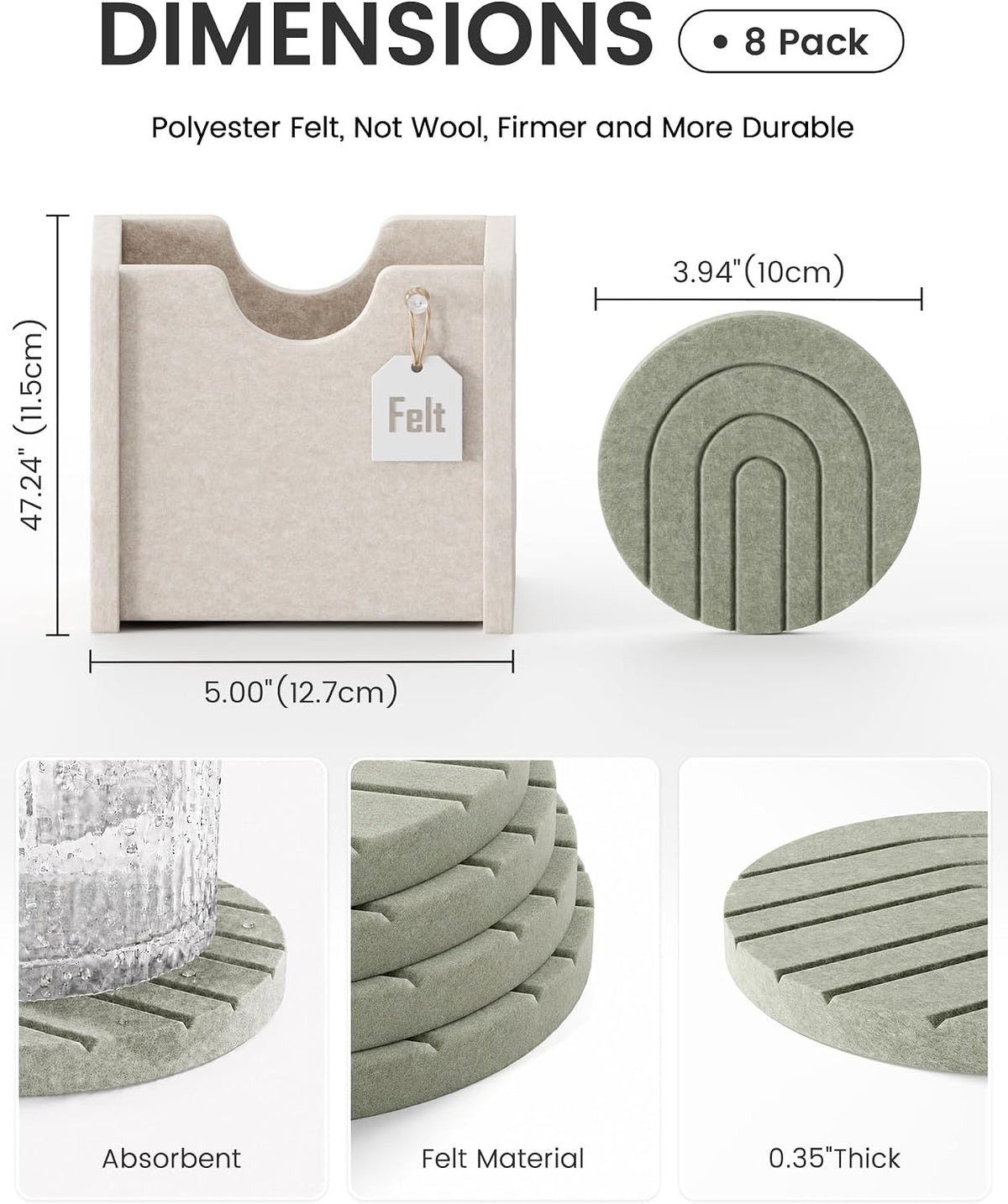 Fluxynara Felt Coasters with Holder, Set of 8 for Drinks, Sage - Arch