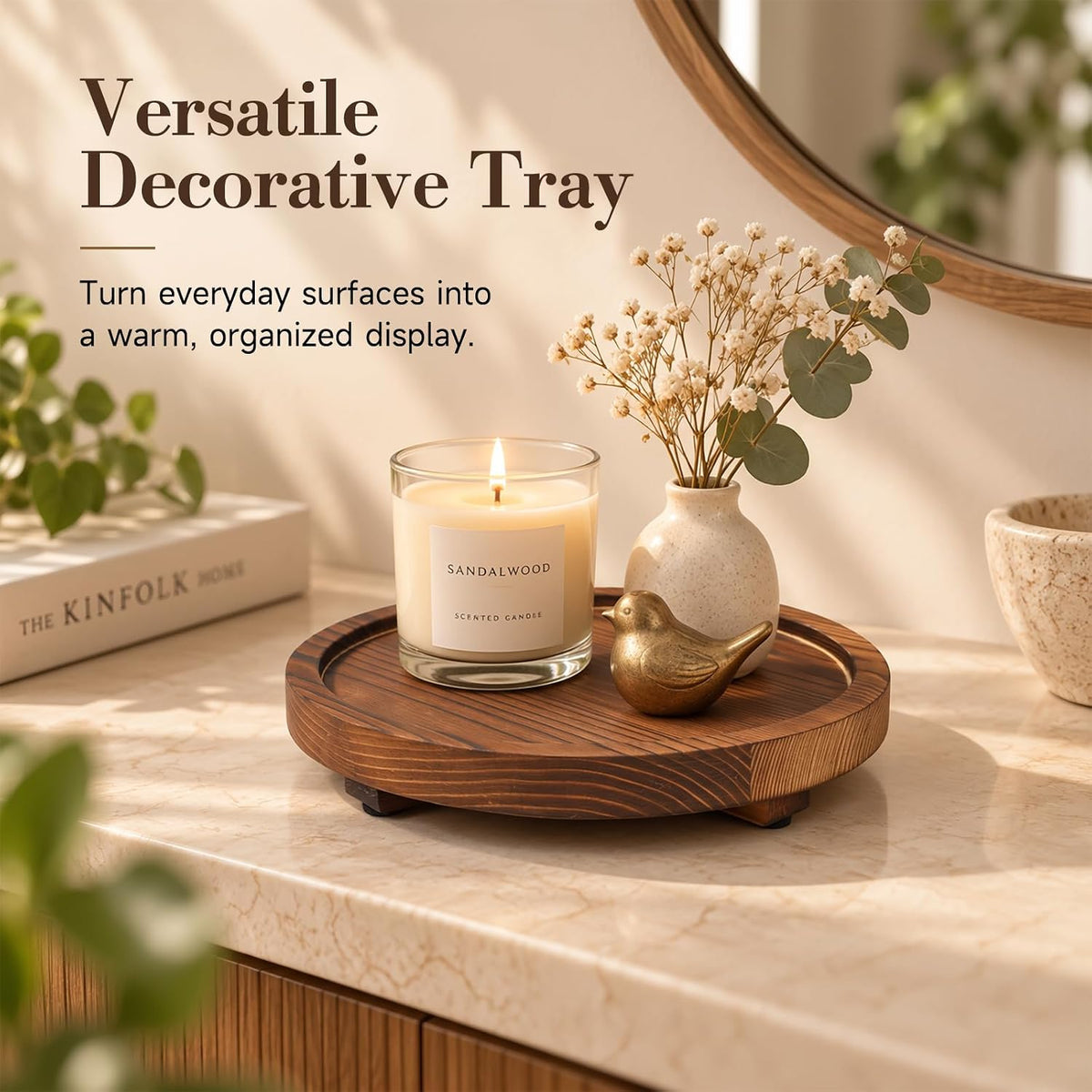 DEBETOOL Round Rustic Wood Decorative Tray