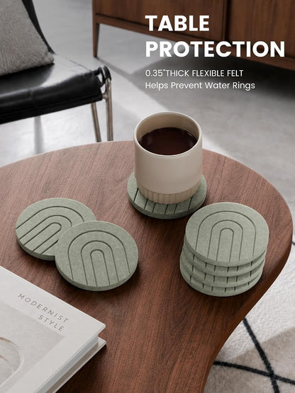 Fluxynara Felt Coasters with Holder, Set of 8 for Drinks, Sage - Arch
