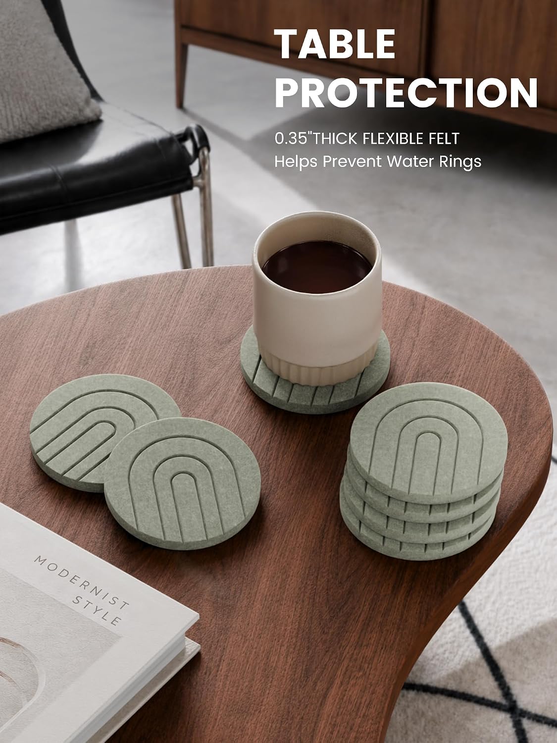 Fluxynara Felt Coasters with Holder, Set of 8 for Drinks, Sage - Arch