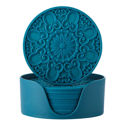 Colinda Silicone Coasters - Set of 6 with Holder, Non-Slip Cup Mats for Hot and Cold Drinks, Decorative Designs, Gift Ready Packaging,Turquoise