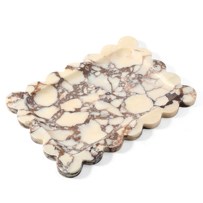Koville 5.51" Travertine Tray, Natural Stone Trinket Dish for Ring Perfume, Round Scalloped Decorative Tray for Bathroom Vanity Dresser Countertop, Home Table Decor