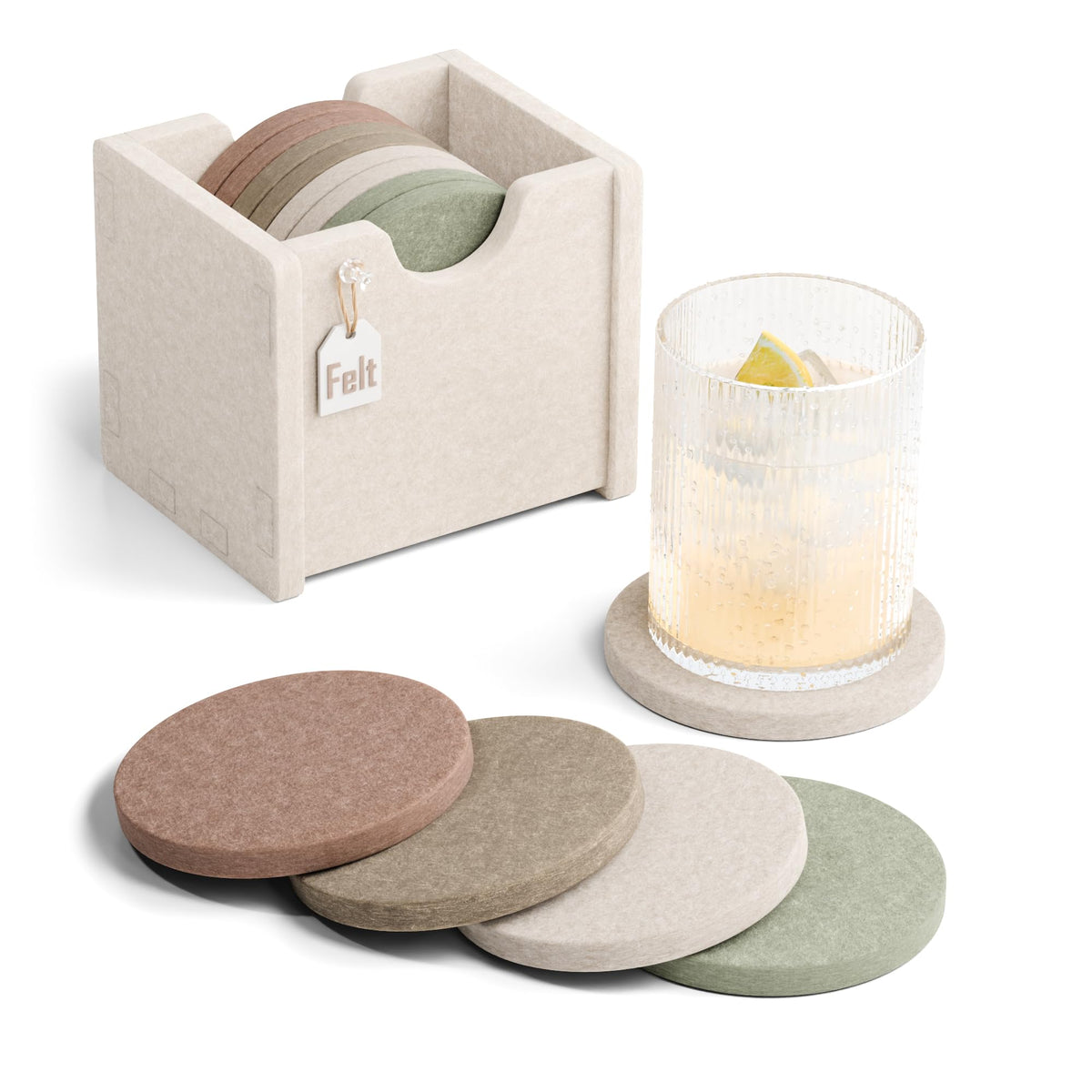 Fluxynara Felt Coasters with Holder, Set of 8 for Drinks, Sage - Arch