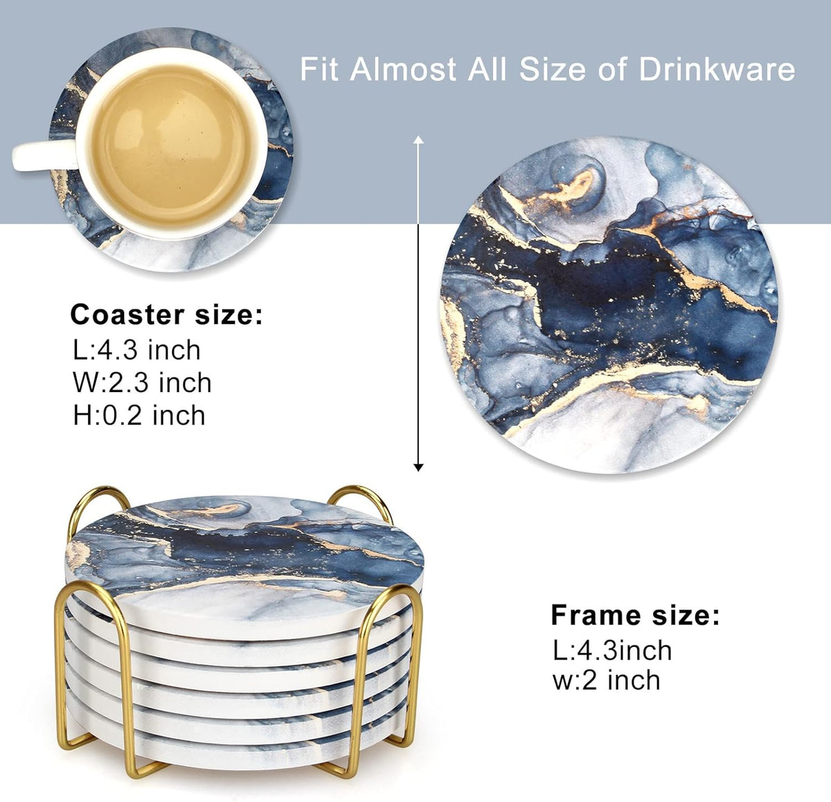 Coasters Set of 6, Navy Blue Marble Abstract Ceramic Coasters with Holder