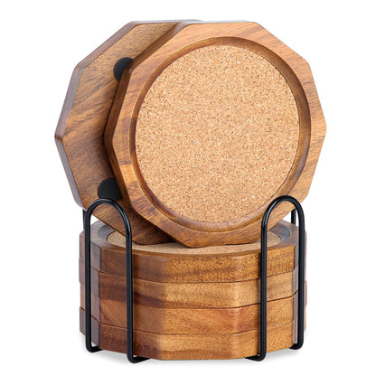 Wood Coasters for Drinks Absorbent with Lip, 4.3 Inch Acacia Wood Grey Felt Coaster with Holder for Wooden Coffee Table for Cups, Mugs, and Glasses - Set of 6