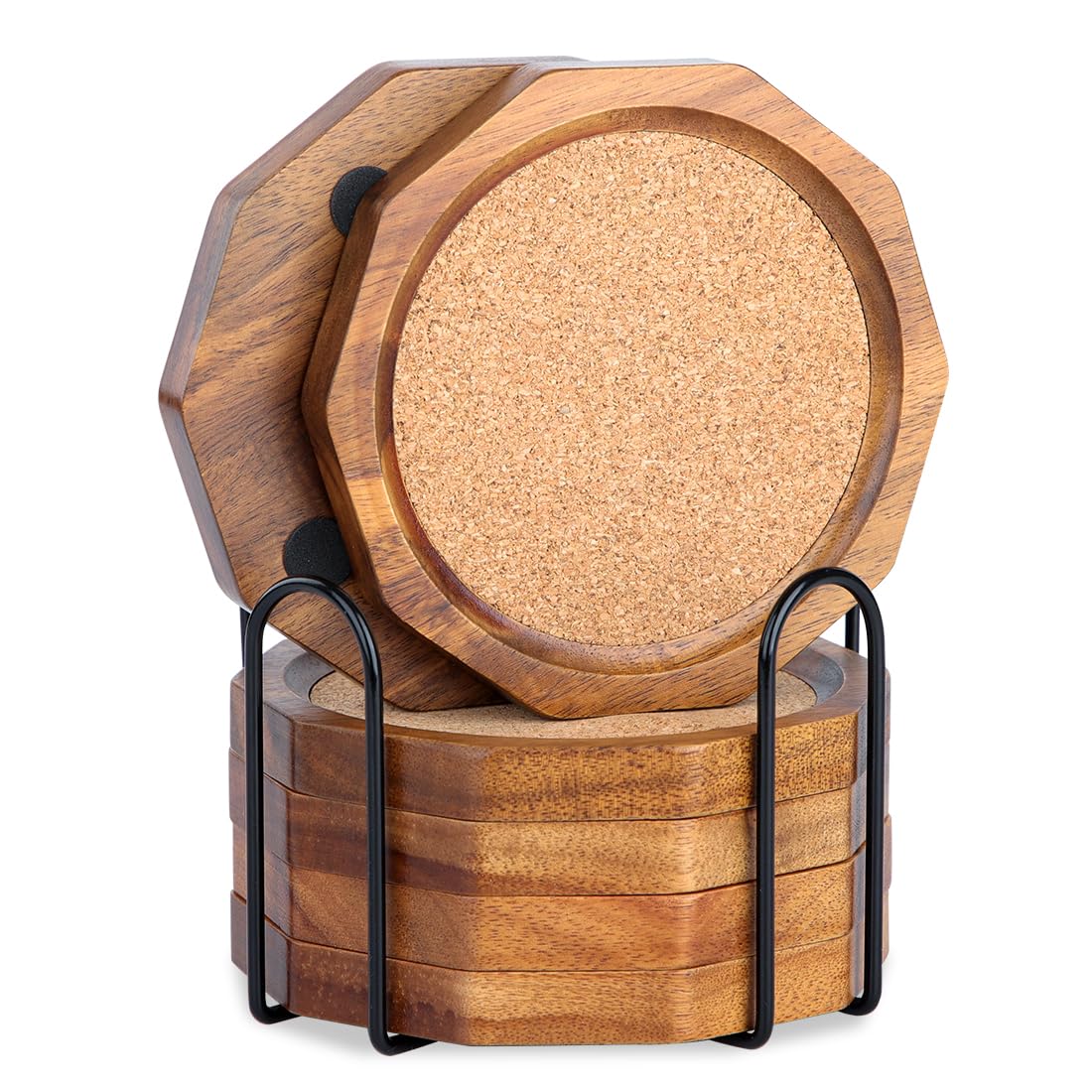 Wood Coasters for Drinks Absorbent with Lip, 4.3 Inch Acacia Wood Grey Felt Coaster with Holder for Wooden Coffee Table for Cups, Mugs, and Glasses - Set of 6