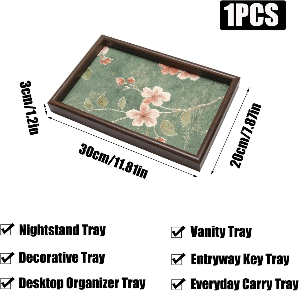 Wooden Valet Tray with Floral Base, Green Vintage Blossoms