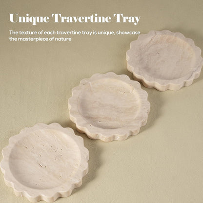 Koville 5.51" Travertine Tray, Natural Stone Trinket Dish for Ring Perfume, Round Scalloped Decorative Tray for Bathroom Vanity Dresser Countertop, Home Table Decor