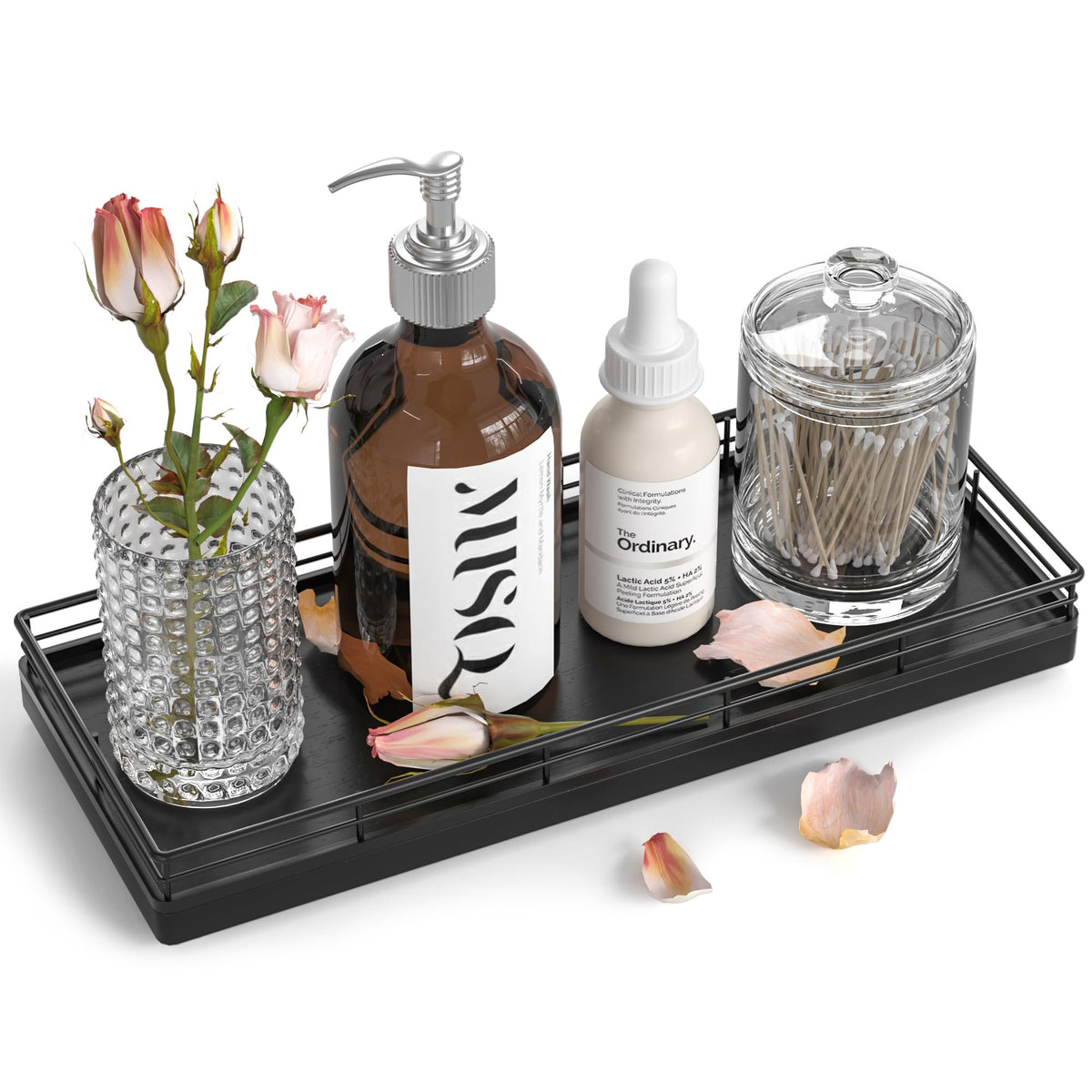 Bathroom Tray for Counter, Oak Wood 11" L Small Vanity Tray for Dresser Tops Perfume Jewelry Makeup Candle Soap Sponge Holder for Kitchen Countertop Organizer Coffee Table Decor Bar Black