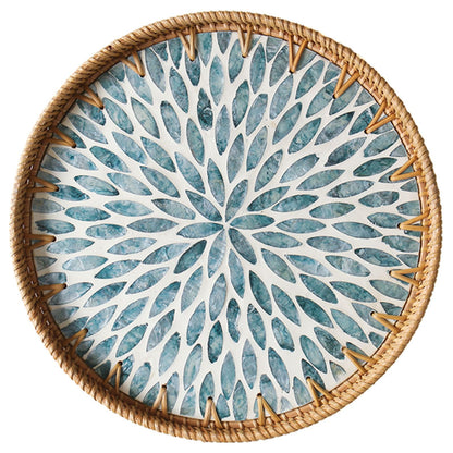 Round Rattan Tray with Mother of Pearl Inlay, Wooden Base