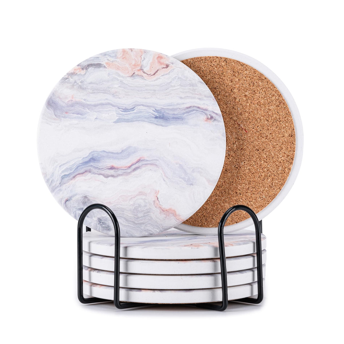 6Pcs Absorbent Coasters Set with Holder,Ceramic Drink Coaster,4 in（A1）