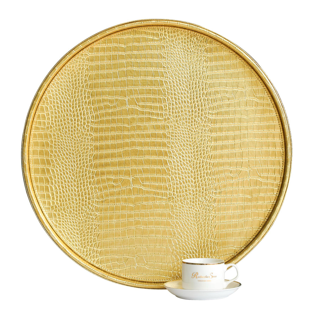 HofferRuffer Faux Leather Round Serving Tray, Vegan Croco Leather Decorative Tray, Food Tray for Storage Drinks, Snack & Cosmetics, Dia.12'' x 1.6'' (LightBlue)