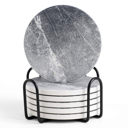 LIFVER Coasters Set of 6, Coasters for Drinks Absorbent Stone with Holder, Black Marble Style Ceramic Drink Coaster for Tabletop Protection, Coffee Table Decor Ideal for Home Decor House Warming Gifts