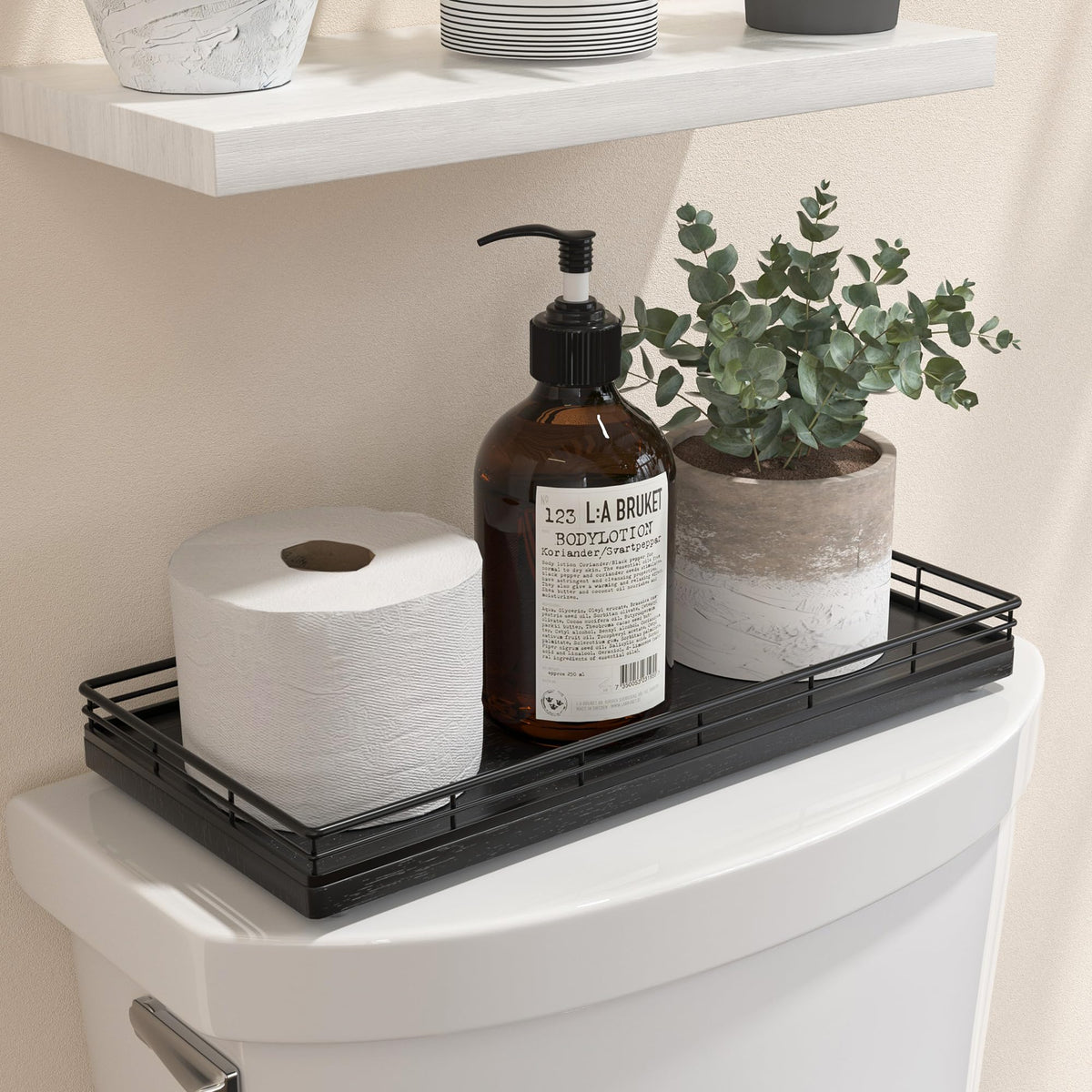 Bathroom Tray for Counter, Oak Wood 11" L Small Vanity Tray for Dresser Tops Perfume Jewelry Makeup Candle Soap Sponge Holder for Kitchen Countertop Organizer Coffee Table Decor Bar Black