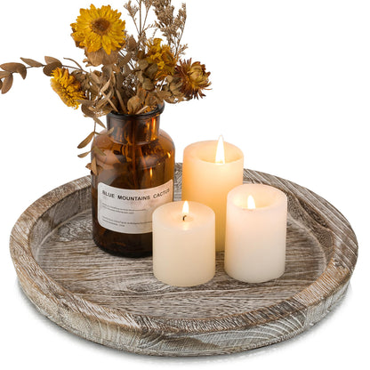 Hanobe Round Wood Candle Holder Trays for Coffee Table, Rustic White Finish
