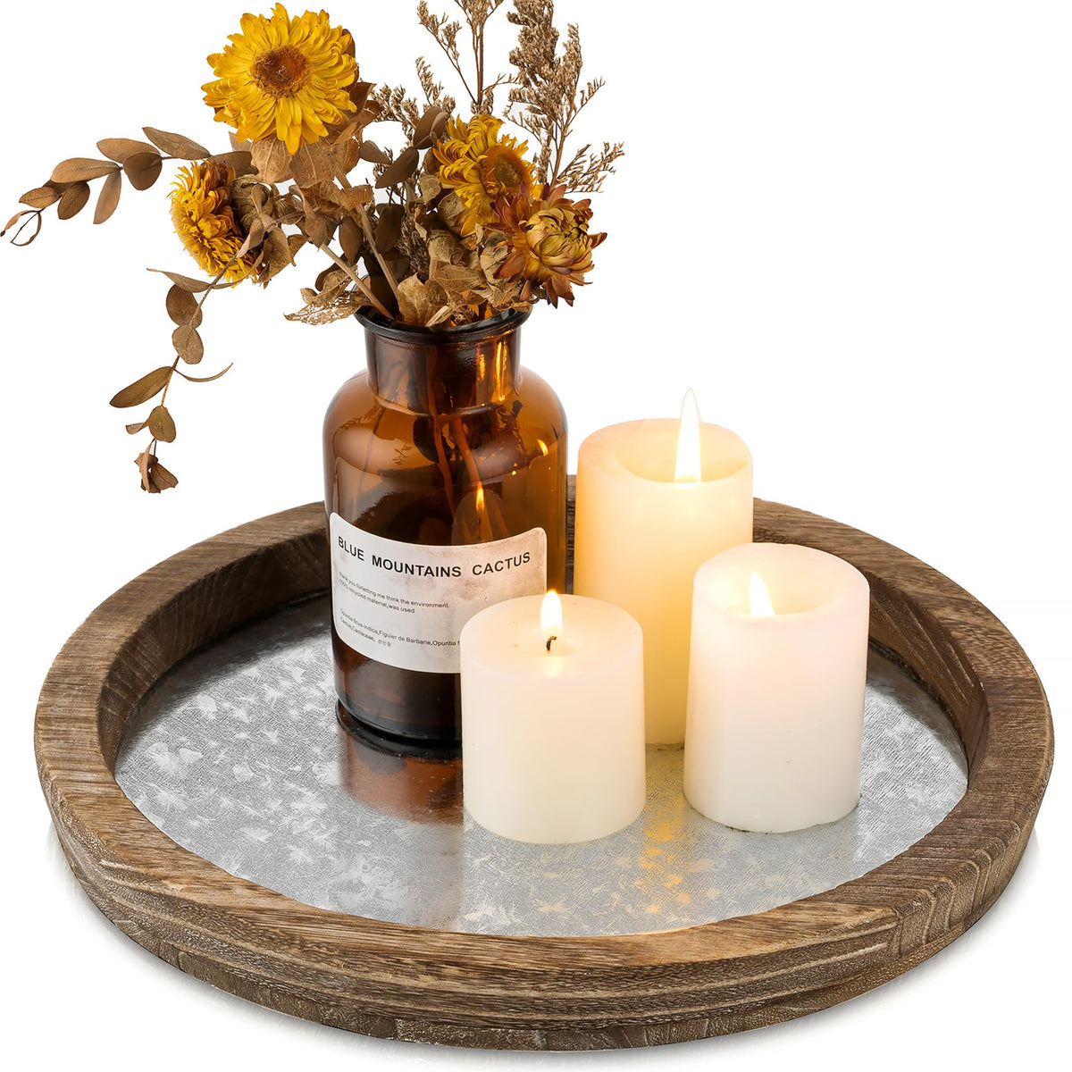 Hanobe Round Wood Candle Holder Trays for Coffee Table, Rustic White Finish