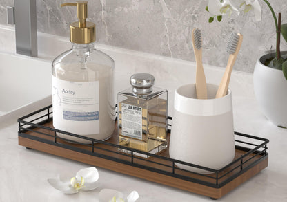 Bathroom Tray for Counter, Oak Wood 11" L Small Vanity Tray for Dresser Tops Perfume Jewelry Makeup Candle Soap Sponge Holder for Kitchen Countertop Organizer Coffee Table Decor Bar Black