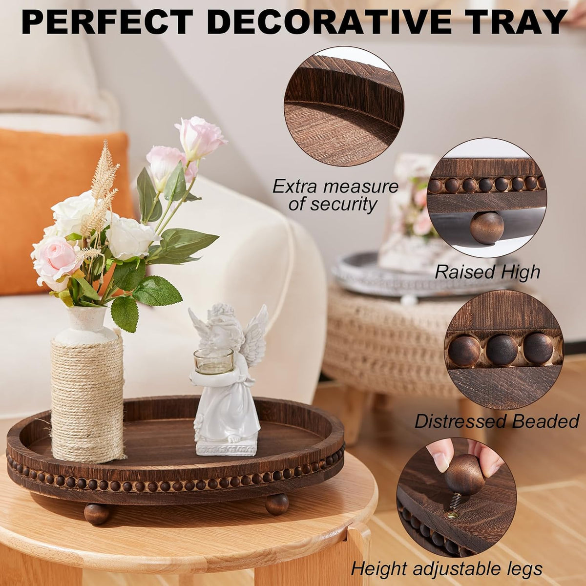 HouseJoy Decorative Tray for Coffee Table, 16×11.8in Wood Beaded Decor Tray