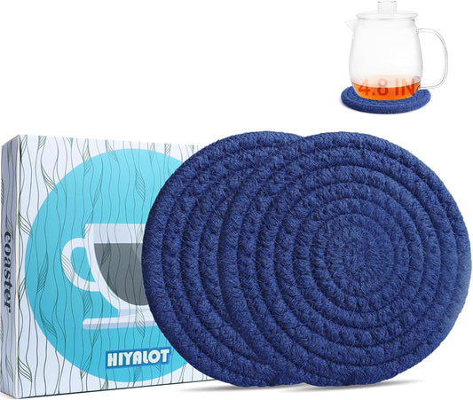 4.8" Drink Cotton Coasters Set of 2 - Large Absorbent Fabric Drink Pads for Coffee Mugs, Stylish Boho Cup Mats for Desk, Bedside Table, Plant Pots – Durable Minimalist Home Decor (Rich Blue, 2pack)