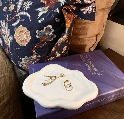 Ceramic Jewelry Tray,Ring Dish Holder,Perfume Trinket Dish,Key Bowl Vanity Cute Things Room Decor Aesthetic, Birthday Mother's Day Christmas Warm House Gifts for Women(White)