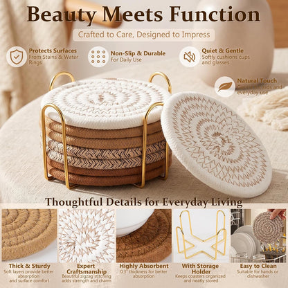 OIAHOMY 8 Pcs Coasters with Holder for Beer, Coffee, Woven Cotton Coaster Set for Table Decor for Kitchen, Bar, Dining Room, Living Room, Housewarming Gifts - Yellow