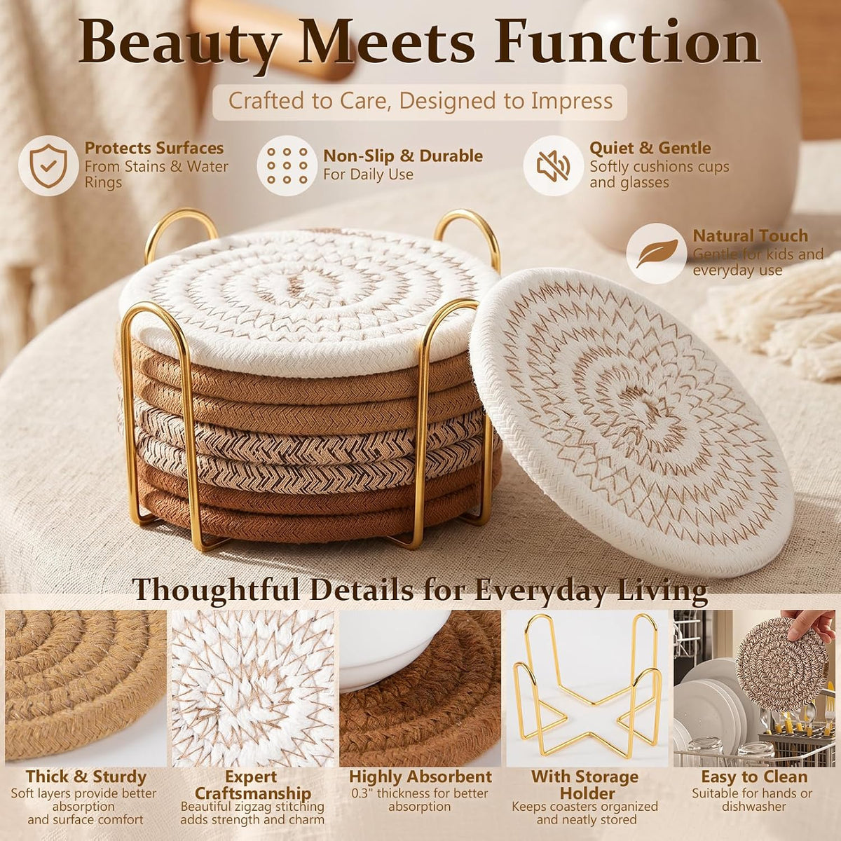 OIAHOMY 8 Pcs Coasters with Holder for Beer, Coffee, Woven Cotton Coaster Set for Table Decor for Kitchen, Bar, Dining Room, Living Room, Housewarming Gifts - Yellow