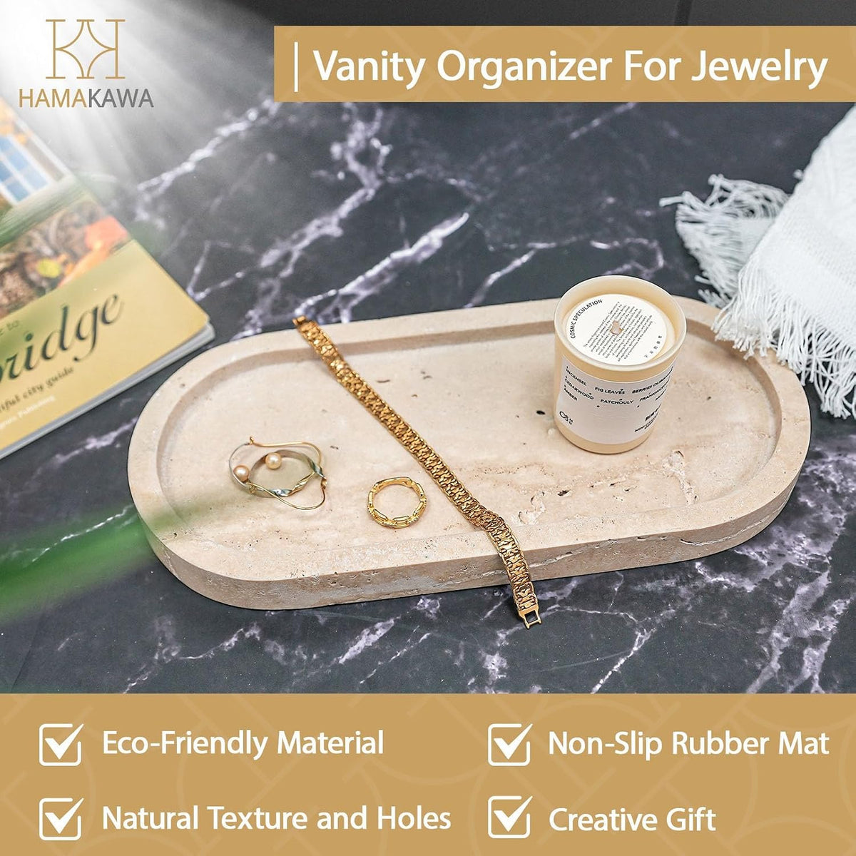 Turkish Marble Perfume Tray, Beige Bathroom Tray 10 Inch