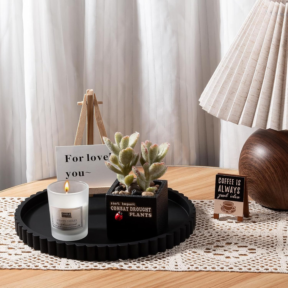 Round Bathroom Tray Perfume Organizer Coffee Table Decor, 9" Black