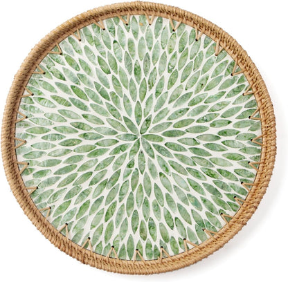 Round Rattan Tray with Mother of Pearl Inlay, Wooden Base
