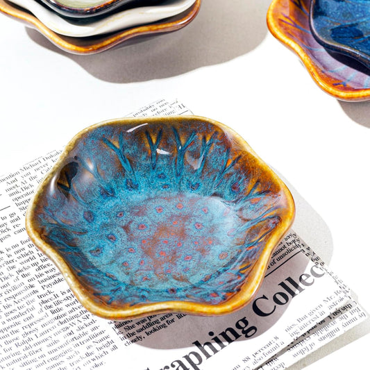 Vintage-Inspired Ceramic Jewelry Dish – Handcrafted Floral Trinket Trays in Luxe Glazed Porcelain | Antique-Style Ring Holders for Vanity & Dresser Décor (1, Kiln transformed lotus, peacock green)