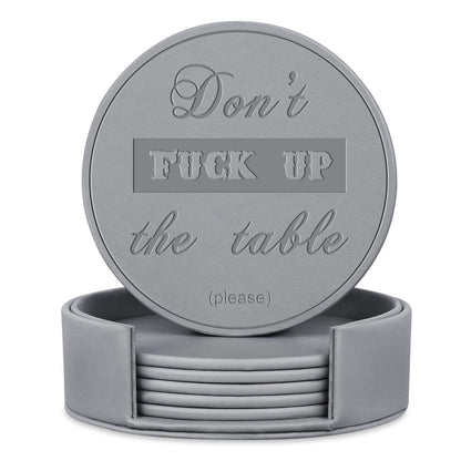 Funny Coasters, Thipoten 6 Pcs Leather Coasters with Holder, Perfect Housewarming Hostess Gifts, Protect Furniture from Water Marks Scratch and Damage(6Pcs, Black)