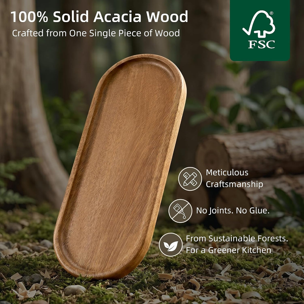 Small Acacia Wood Serving Tray, Wooden Decorative Tray for Coffee Table, Kitchen, Bathroom Counter - Wood Platter for Candles, Perfume, Snacks (11.4 x 4.1 x 0.6 in)