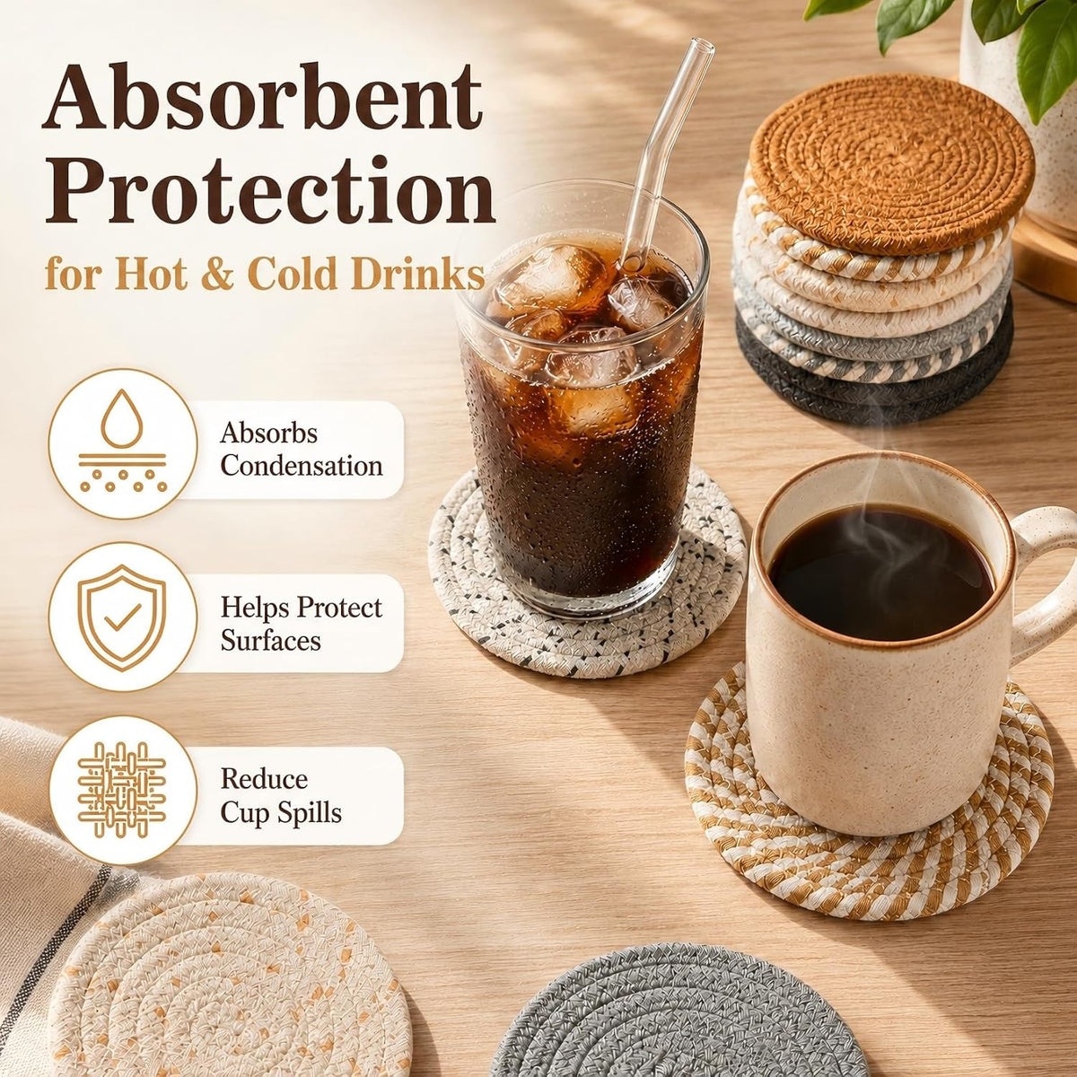 MAQIHAN 8 PCS Coasters for Drinks - Woven Absorbent Coaster Set of 8 Colors