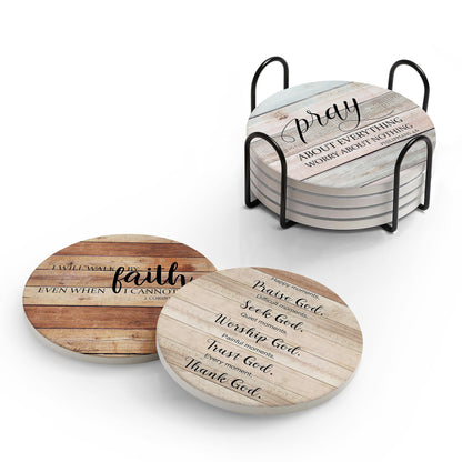 Coasters for Drinks with Bible Verses, Set of 6 Absorbent Drinks Coasters with Holder Ceramic Drink Coaster with Cork Backing for Table Protection, Christian Coasters, Christian Gifts